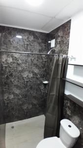a bathroom with a shower with a toilet and a sink at HOTEL LIGHT PLAZA in Aguachica +26 photos