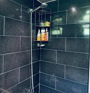 a bathroom with a shower with black tiles at Vodo's Guesthouse in Chvabiani