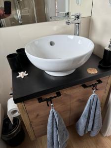 MaasbommelHausboot KOMET Luxus und Natur pur max 5 Pers的浴室配有黑色台面和白色水槽