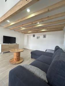 Una sala de estar con un sofá azul y una mesa. en Au cœur des Caladons, en Lunel