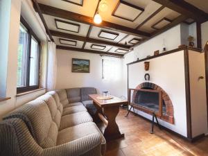 a living room with a couch and a fireplace at Chata Radužel in Bavorov