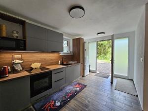 a kitchen with a counter and a floor with a rug at Chata Partizánka in Liptovský Ján