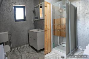 a bathroom with a shower and a sink at A Frame Panoramic Apuseni in Bistra