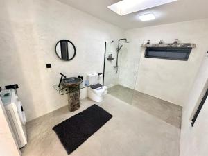 a bathroom with a shower and a toilet and a sink at Casita Tahona con vistas de infarto al mar y volcanes con absoluta privacidad in Parque Holandes
