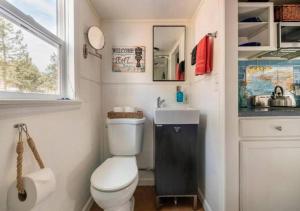 een kleine badkamer met toilet en wastafel bij Ashore the Clouds Glamping awaits in Woodland Park +34 foto's