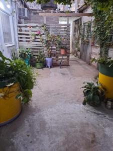 a courtyard with potted plants and a bench in a building at Departamento Temporal - temporario económico en centro in Resistencia