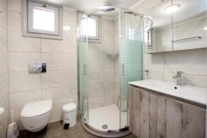a bathroom with a shower and a toilet and a sink at PANORAMA in Potos