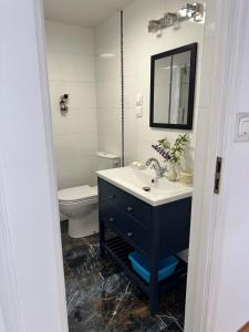 a bathroom with a sink and a toilet and a mirror at Wilaneska Prośno in Prośno +64 photos