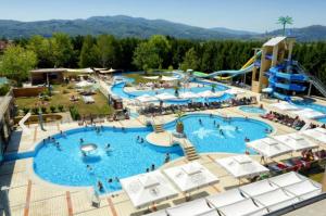 an overhead view of a large pool at a resort at Apartma Župelefski raj in Kapele