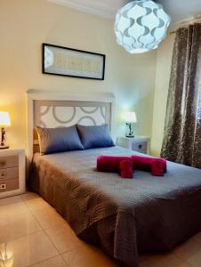ein Schlafzimmer mit einem großen Bett mit zwei roten Kissen in der Unterkunft Apartamento Las Palmeritas Palm Mar Tenerife Sur in Palm-mar