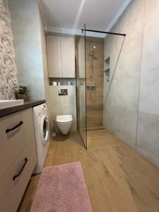 a bathroom with a shower and a toilet and a sink at Apartamenty w centrum Białegostoku z parkingiem w garażu podziemnym in Białystok