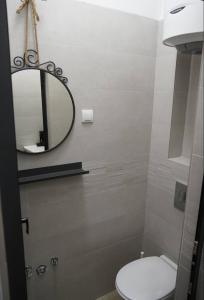 a bathroom with a toilet and a mirror at Soffito studio in Belgrade
