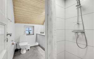 a white bathroom with a shower and a toilet at Pet Friendly Home In Ringkøbing in Klegod +25 photos