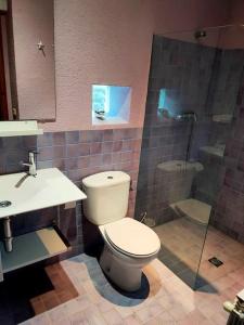 a bathroom with a toilet and a sink and a shower at La Casa de Macarena in Villanueva de la Vera