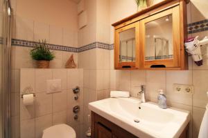 a bathroom with a sink and a toilet and a mirror at Villa Rosita Fewo 5 - SANDKÖRNCHEN in Rerik +16 photos