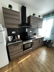 a kitchen with stainless steel appliances and wooden floors at Appartement Cosy Valenciennes in Marly