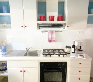 a kitchen with a sink and a stove top oven at La casa di Ci in Cecina +4 photos