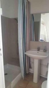 a bathroom with a sink and a shower curtain at Jolie studio sud jardin et parking privatif in Hyères