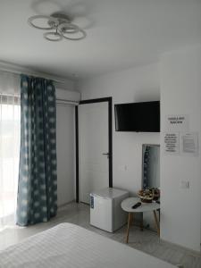 a bedroom with a bed and a television and a table at Cazare Paiu VasiVasi in Vaslui
