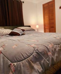 a bed with a gray comforter and pillows on it at Maison au Pied du Mont Video in Barraute