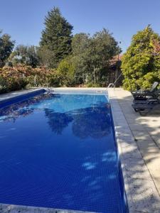 a swimming pool with blue water in a yard at Quinta do Castro Wood House in Marco de Canavezes