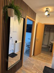 a hallway with a mirror and a bathroom at Charmante Zentrale 2 Raum Wohnung in Chemnitz