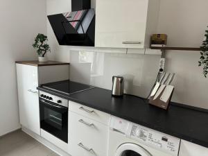 a kitchen with a black counter top and a dishwasher at Charmante Zentrale 2 Raum Wohnung in Chemnitz