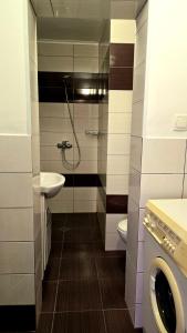 a bathroom with a sink and a washing machine at Grand Apartment Pomorie in Pomorie