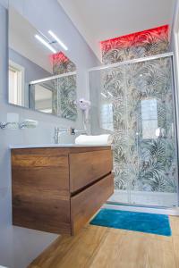 a bathroom with a shower with a sink and a mirror at Villa Teresa Relax in Corbara