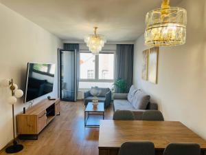 salon z kanapą i telewizorem w obiekcie Złote Apartamenty 58 w mieście Legnica