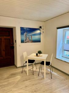 a dining room with a white table and chairs at Ferienwohnung Altenschönbach in Prichsenstadt