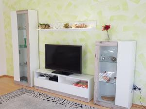 ein Wohnzimmer mit einem TV und einem weißen Entertainment-Center in der Unterkunft Oase im Dresdner Westen in Dresden