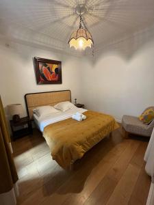 パリにあるChambres jardin des plantes pantheonのベッドとシャンデリアのある寝室