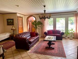 库奥皮奥普鲁德别墅的配有皮沙发和桌子的客厅