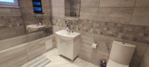 ein Badezimmer mit zwei Waschbecken, einer Dusche und einem WC in der Unterkunft Dom z jacuzzi, house with a hot tub in Gardna Wielka + 22 Fotos