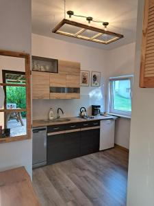 a kitchen with a sink and a counter top at Chatka Kurki in Kurki