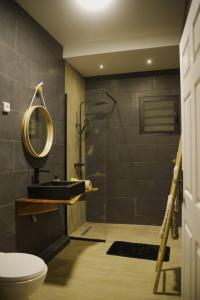 Un baño con lavabo, inodoro y ducha. en Villa Savio, en Saint-Pierre