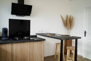 cocina con barra y TV en la pared en Villa Savio, en Saint-Pierre