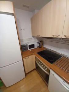 Una pequeña cocina con estufa y refrigerador blanco. en Calle San Pablo, en Zaragoza