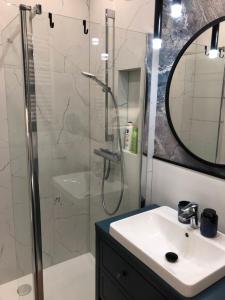 a bathroom with a shower and a sink and a mirror at Baltic Porto Wyspa Sobieszewska - Rowery i Taras in Gdańsk