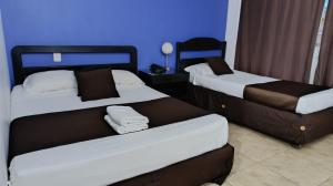 two beds in a room with a blue wall at Hotel Ariston Cali in Cali