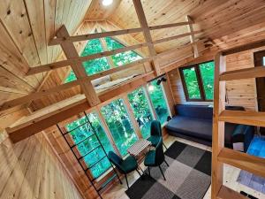 an overhead view of a cabin with chairs and a couch at Bear Watching Tiny House in Lupeni