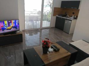 a living room with a coffee table and a tv at Apartment DULE Trpejca in Ohrid +10 photos