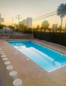 a blue swimming pool with a fence and palm trees at Departamento Playa La Herradura in Coquimbo