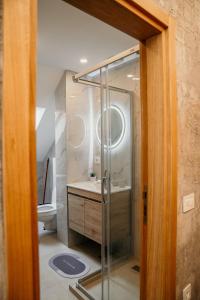 a bathroom with a shower and a sink and a toilet at Pine Lux Zlatibor in Zlatibor
