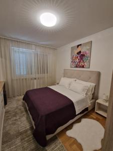 a bedroom with a large bed and a large window at Apartman Diana in Zadar