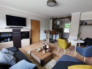 ein Wohnzimmer mit einem blauen Sofa und einem Fernseher in der Unterkunft Ferienhaus mit Sauna "Waldrausch" - An der Rehwiese 1 RE01 in Sögel