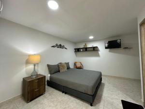 a bedroom with a bed and a lamp and a tv at Our House in Santa Marta