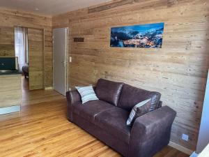 a brown couch in a living room with a wooden wall at Logement avec jacuzzi Murat in Murat