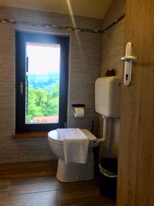 a bathroom with a toilet and a window at Enam Room in Kojsko